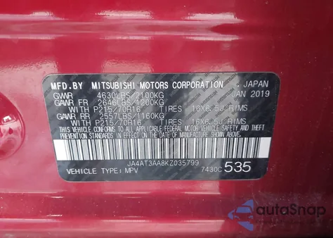 2019 Mitsubishi Eclipse Cross Es from USA, damaged, VIN JA4AT3AA8KZ035799